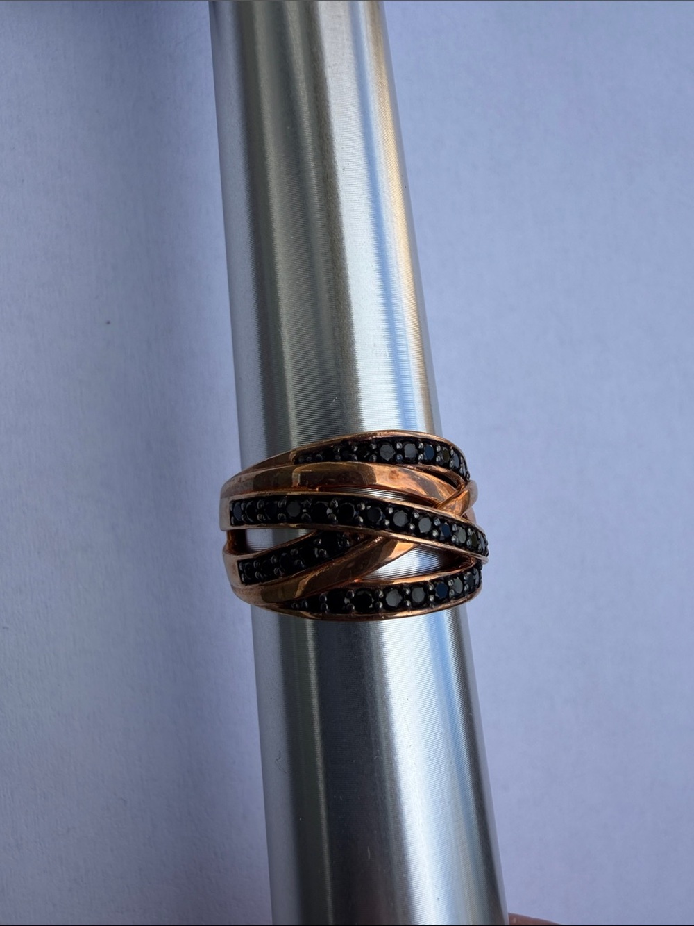 Copper-Tone 925 Sterling Silver Black Stone Crossover Band Ring size 8